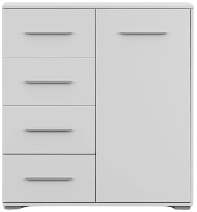 Fabryka Mebli Idźczak Schiebetürenschrank Frida 01 1D4S eleganter Kommode Schubladkasten Kommode mit Schubladen - Schlafzimmer Schiebetüren Schränkchen Stauraum Modern Design (Weiß/Weiß)