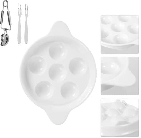 4pcs/Set Escargot Dish Oyster Plate Oven Safe Plate Escargot Plate 6 Holes Ceramics Escargot Baking Dish Snail Plates 1x Snail Dlip 2X Snail Fork White