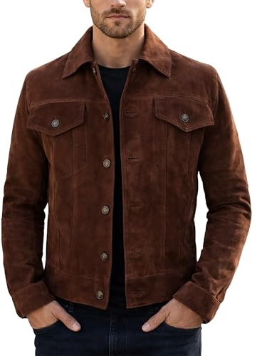 Fashion_First Chaqueta Trucker de Ante para Hombre - Chaqueta de Cuero Genuino Estilo Vaquero Occidental, marrón oscuro, XS