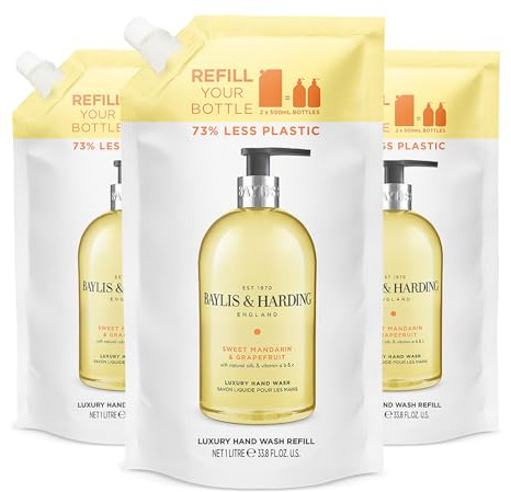Baylis & Harding Sweet Mandarin & Grapefruit Hand Wash 1 Litre Refill Pouch (Pack of 3) - Vegan Friendly