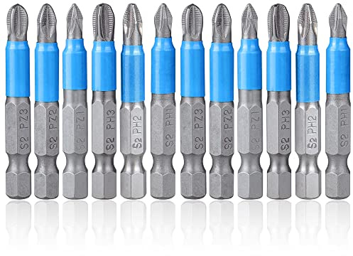 Mesee 12 Pieces Magnetic Cross Screwdriver Bit Set with 1/4 Hex Shank, 50mm Anti-Slip Phillips Screwdriver Bits Woodworking Electric Hand Drill Tool Accessory - PZ1, PZ2, PZ3, PH1, PH2, PH3