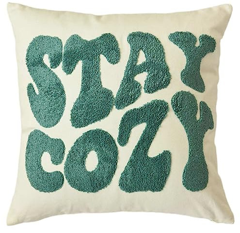 FAVDEC Embroidered Stay Cozy Decorative Throw Pillow Cover, Stay Cozy 18 Inches x 18 Inches Cover Only