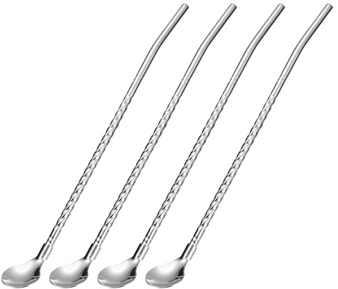 sourcing map Stainless Steel Spoon Straws, 4Pcs 8.6 Reusable Metal Long Handle Drinking Straws Spoon for Milkshake Drinks Cocktail, Silver