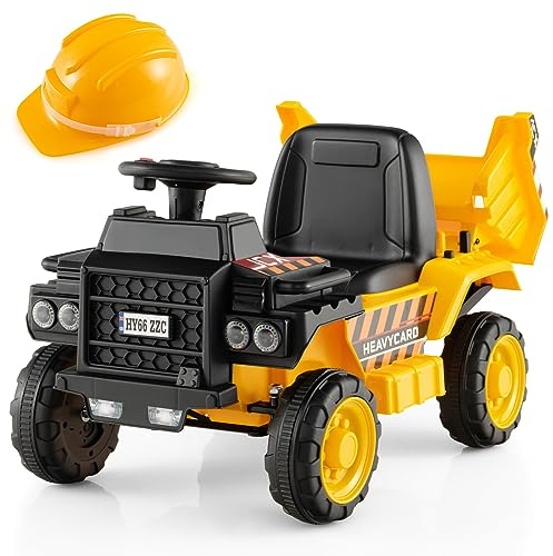 COSTWAY 6V Kinder Elektroauto, Aufsitz Muldenkipper Mit Schutzhelm, Traktor Bis Zu 2,5km/h, Elektro LKW Für Kinder Ab 18 Monaten