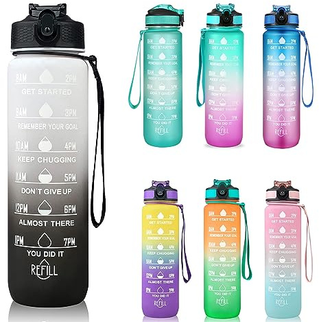 Ritte 1 Litre Gourde Sport, Bouteille d'eau Avec Paille, Bouteille d'Eau Motivante avec Marquages de Temps pour Sport, Gym, Bureau, Course à pied, Sans BPA (Noir + Blanc)