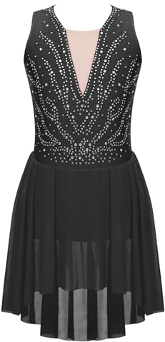 CHICTRY Kürkleider Eiskunstlauf Kinder Mädchen Strass Glitzer Tanzkleid Ärmellos Ballettbody Patchwork Trikot Leotard Mit Chiffon Rock Dancewear Schwarz 158-164