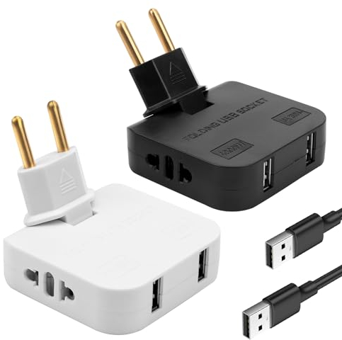 2 Pack Ladrón de enchufes Plano con USB + Adaptador USB-USB C, Diseño Fino para Lugares sin Espacio (detrás de TV, Cama) Cabezal Giratorio 180º Adaptador Americano y Europeo 220 V