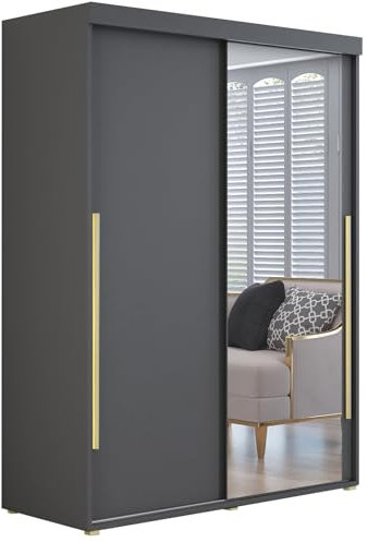 Meble Slupia - Garderobenschrank - Kleiderschrank mit Spiegel und Schiebetüren - 100x202x62cm - Kleider Schrank Schlafzimmer mit Kleiderstange - IGA 01 Anthrazit, Griff Gold