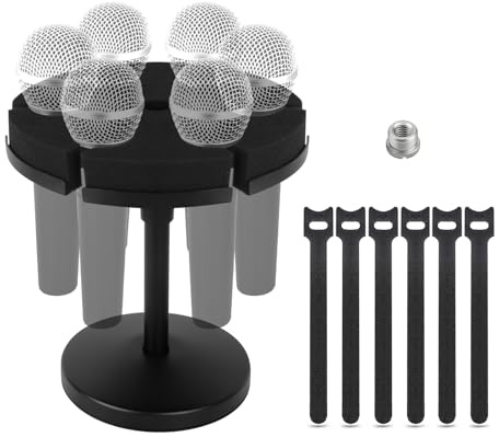 Micfuns Multi-Mikrofonhalter, kabelgebundener und kabelloser Mikrofonhalter für Ständer, hält bis zu 6 Mikrofone, Aluminium, Schwarz mit Ständer (Schreibtisch)