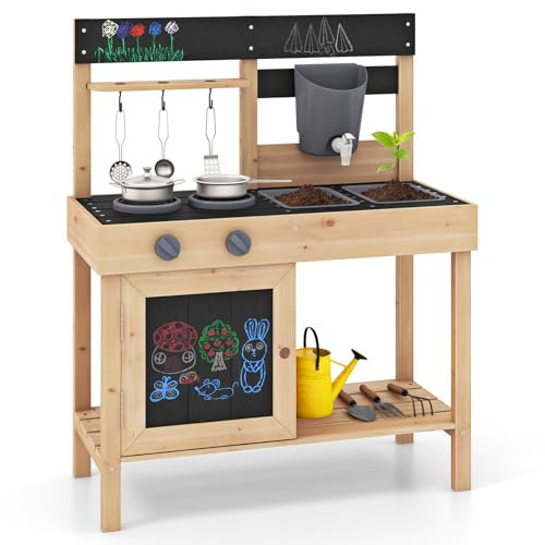 GOPLUS Cuisine Enfant en Bois de Sapin, Jeu de Cuisine Extérieure avec Rangement, 2 Éviers Amovibles, Robinet, Tableaux Noirs, Jeu d'Imitation pour Enfant 3+ Ans