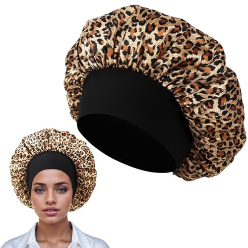 Satin Schlafhaube, Leopardenmuster Seidenhaube Verstellbar Haarhaube Seide, Nacht Schlaf Haube Damen Mädchen Atmungsaktive Schlafkappe Duschhauben