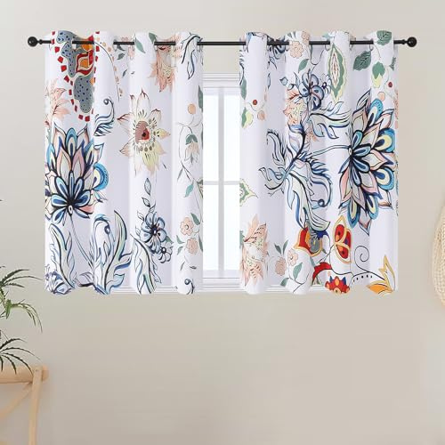 VEHEDE Floral Room Darkening Curtains, Mordern Boho Soundproof Printed Blue Flower Curtain 2 Panels Thermal Insulated White Drapes with Eyelet for Living Room W52 X L45 Inch