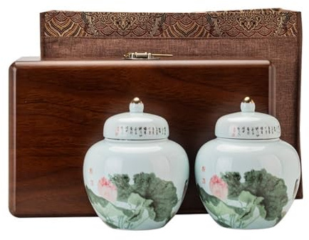 VEXDOSLE Tea Caddy Ceramic Loose Tea Storage Container Jar Sealed Jar Tea Storage Jar Retro Chinese Tea Set Double Jar Gift Box Set Tea Can