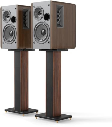 Turosur 24'' Universal Floor Speaker Stands Pair, Hi‑Fi Home Audio Stands | Wood Grain & Leather Hollow Sand‑Fillable for Home, Recording Studio, Gaming Room (60cm)