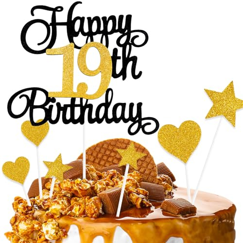 ZHIHUI Cake Decoration, 7-Pieces Personalised Happy 19 Years Birthday Cake Toppers for Boy Girl Kids Happy Birthday Sign for Cake, Glitter Cupcake Topper 19th Birthday Party Supplies (Black & Golden)
