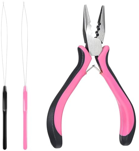 3 PCS Nano Hair Extension Tools, Hair Extension Pliers Kit — Includes 1 Plier & 2 Loop threaders, Nano Beads Hair Extensions Kit, Nano Bead Tool for Hair Extension and Removal
