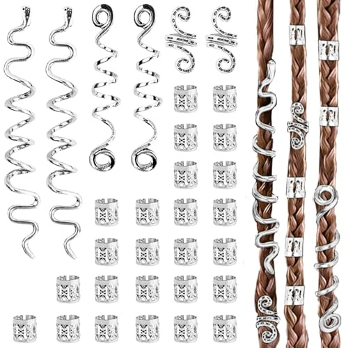 LUFFLOK 31 Piezas Argollas Anillos Trenzas, Joyería Trenzas, Anillos Ajustables Plata, Charms Locs Dreadlocks, Clips Adornos Pelo Platas Mujer e Hombre, Accesorios Pelo Estilo Pirata (Plata)