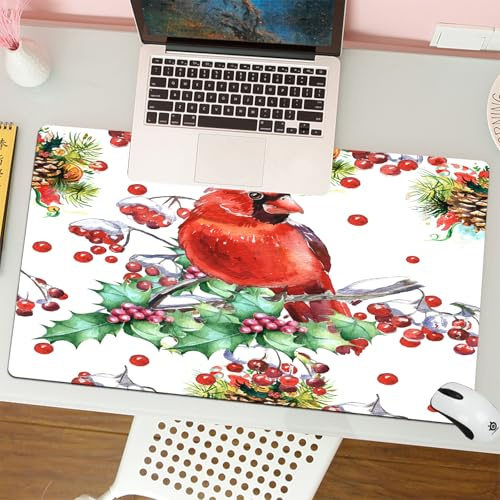 MESHIZIY Gaming Mouse Pad Computer Keyboard Mouse Mat Desk Pad Soft Smooth Surface and Anti-Slip Rubber Base,Cardinal Birds - a Symbol of Christmas Holly and Spruce Branch with a co,16 x 35.5 in