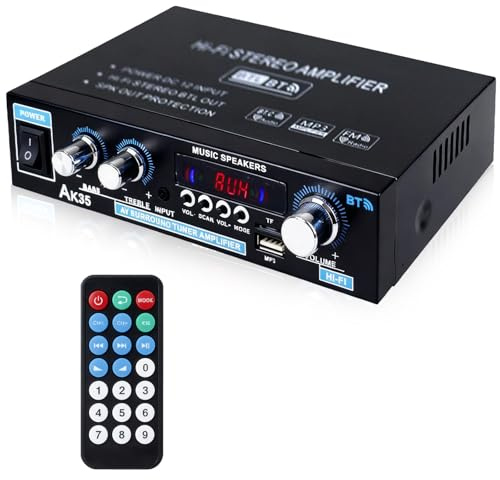 AK35 Amplificatore HiFi Bluetooth 5.0 2.0 Canali 30W X 2 Amplificatore Stereo HiFi Amplificatore Finale di Potenza Mini Radio Audio Amplificatore Ricevitore con Radio FM, Telecomando, Scheda SD, USB