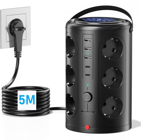 Pluackg Mehrfachsteckdose mit 5 USB, 12 Fach Steckdosenleiste mit Schaltbar Überspannungsschutz, 5M Verlängerungskabel Steckdosenturm Mehrfachstecker für Zuhause, Büro Schwarz