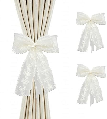 FOSDICK 2 Stück Vorhang Raffhalter, Boho Raffhalter für Vorhänge Weiß Gardinenhalter Vorhanghalter Spitze Vorhang Halter Schleife Gardinenband Spitze Curtain Tiebacks für Zuhause, Büro, Schlafzimmer