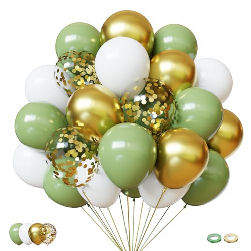 Luftballons Eukalyptus Grün Gold Weiß 50 Stk 12 zoll Luftballons Geburtstag Salbeigrün Weisse Gold Metallic Ballons Konfetti Ballons für Hochzeit Polterabend Kommunion Taufe Jugendweihe Deko