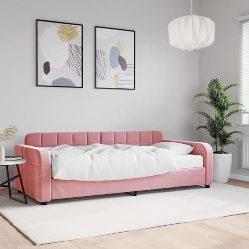 QUAHEAS Sängsäng med madrass, rosa sammet, 90 x 200 cm, bäddsoffa, trä och metallram, komfortskummadrass, gästrum