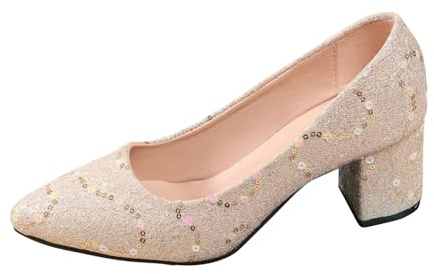 Zapatillas de mujer elegantes vestido de noche con punta puntiaguda lentejuelas brillantes decoradas con tacones de aguja para bodas, bailes de graduación, beige, 40 EU