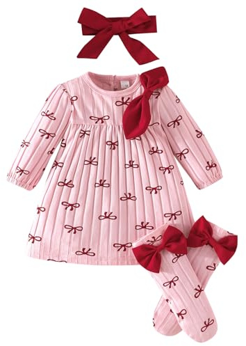 Yoolhamy conjunto 3 piezas para niña 1 a 12 meses con vestido manga larga diadema lazo y calcetines ropa infantil estampados bonitos