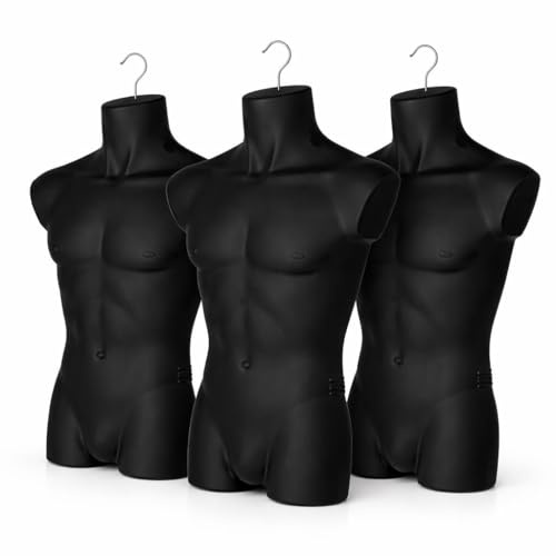 3er SetTorso männlich - Herrentorso lebensecht aus Kunststoff - Oberkörper Halbplastik in Farbe Schwarz - Mannequin Büste - Halbschale Herrenbody - Schaufensterpuppe mit Haken - 3 Stück Dekotorso