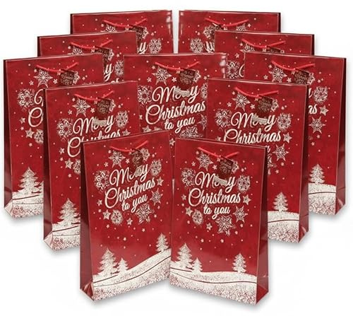 Bambelaa! 12 stycken God jul presentpåsar jul presentpåsar stora papperspåsar julpåsar 157 g papper röd glänsande (ca 25 x 8,5 x 34 cm)