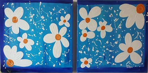 DORON ARTE QUADRO MODERNO ASTRATTO DIPINTO A MANO TELAIO GALLERY BORDI DIPINTI - FIORI MARGHERITE - 1 metro x50x4 cm (2 TELE 50x50x4)-RIF70