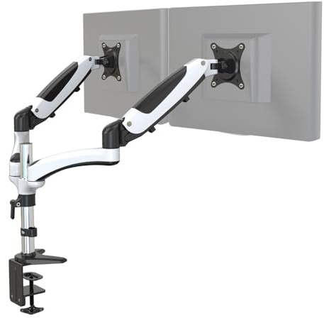 hjh OFFICE Monitorhalterung 2-Arm 15 – 27 Zoll VM-MG2 Alu Weiß/Schwarz Monitorarm mit Gasfeder, pro Arm bis 8kg belastbar 802020