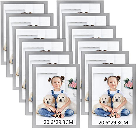 RLAVBL A4 Magnetrahmen 12er Set, Bilderrahmen Silber mit selbstklebender Rückseite für Fenster, Wände, Kühlschränke für Anzeigen, Notizen, Lizenzen, Drucke und Urkunden