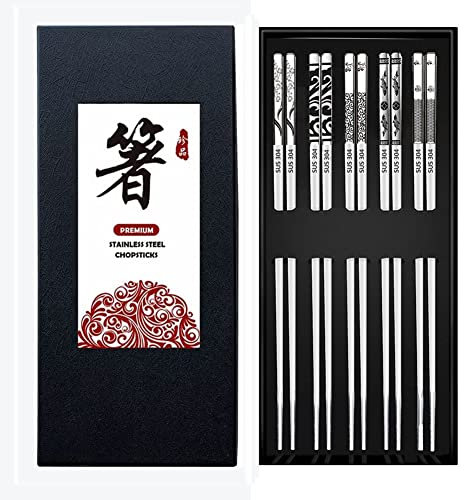 QMAHA Edelstahl Essstäbchen, 5 Paar Wiederverwendbare Essstäbchen, Metalless Stäbchen Spülmaschinenfest Sushi Stäbchen Japanische Chopsticks with Lasergravur Geschenkset für Weihnachten/Geburtstag
