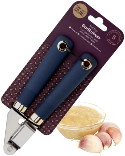 Stainless Steel Garlic Press Crusher - Easy Clean, Soft Grip Handles, Quick Easy Squeeze Tool, Presser, Mincer & Smasher Tool. Garlic Crusher Good For Nuts, Seeds, Ginger. 5yr Guarantee, Blue And Gold