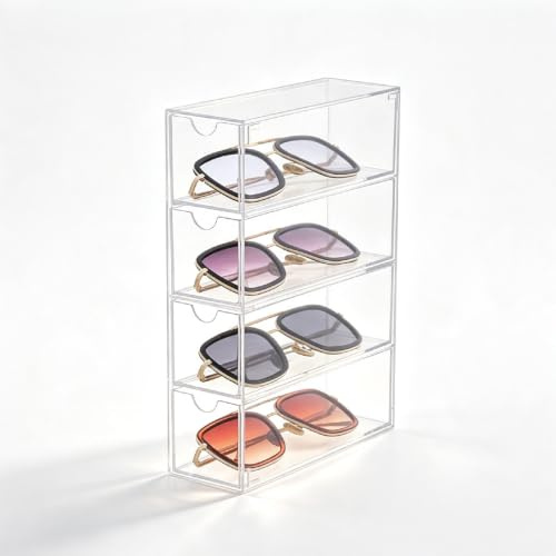 Agatige Acryl-Brillen-Aufbewahrungsbox, 4 Schubladen, transparent, stapelbar, Sonnenbrillen-Organizer, klare Schubladen, Brillen-Aufbewahrung, Organizer-Box für Zuhause, Büro, Geschäft