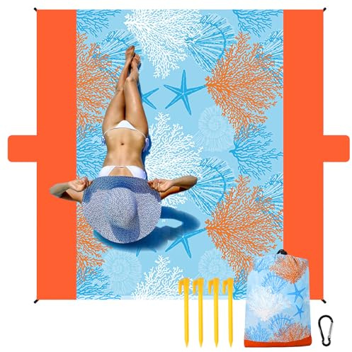 NewDoar 200 x 210 cm Stranddecke Sanddicht Extra Große Strandmatte mit 2 Taschen Picknickdecke wasserdichte Leichte Picknickmatte für Camping, Wandern, Strandreisen, mit 4 Heringen, 4 Ecktaschen