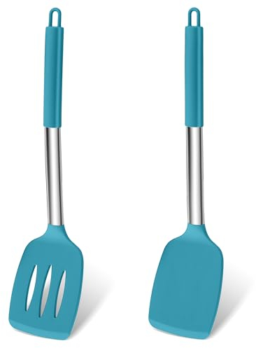 Homikit Silikon Pfannenwender, Hitzebeständig Küchenhelfer Küchenutensilien 2er Set mit Edelstahlgriff, Geschlitzt Pfannenwender Spatel Kochbesteck für Fisch/Eier/Pfannkuchen, Spülmaschinenfest, Balu