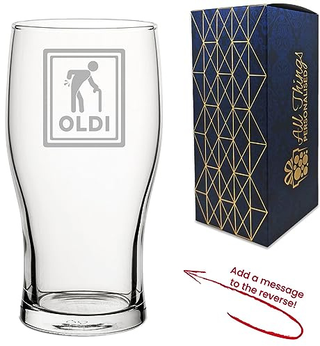 Personalised Engraved Novelty Pint Glass with Oldi Design, Add a Personalised Message to the Reverse, Gift Box Included, Laser Engraved, Gift for Dad Grandad Colleague Retirement, Funny Gift