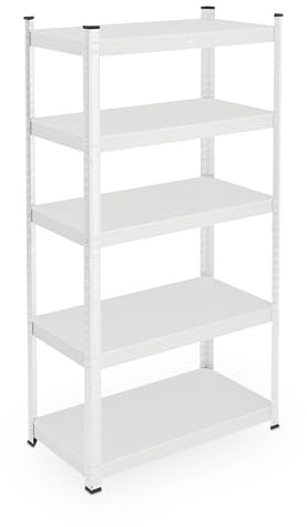 Relaxdays Estantería Metálica, Resiste 875 kg, 5 Baldas, Cargas Pesadas, Sótano, Taller, Acero, 150 x 75 x 30 cm, Blanco