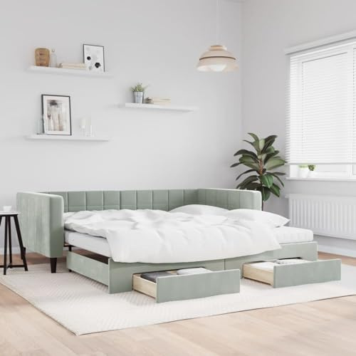 DJEKA Tagesbett Ausziehbar 100x200 cm mit Schubladen Jugendbett 100x200 cm Bett Mit Ausziehbett Hellgrau-5 Tagesbett 100x200 Ausziehbar Tagesbett aus Holz Tagesbettgestell Sofabett Schlafsofa Samt