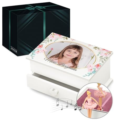 Maverton Jewelkeeper mit Aufdruck - Schmuckschatulle mit Spieluhr Ballerina - Musikschmuckdose für Mädchen - Schmuckkästchen zur Taufe - zur Erstkommunion - zum Geburtstag - mit Schublade - Porträt