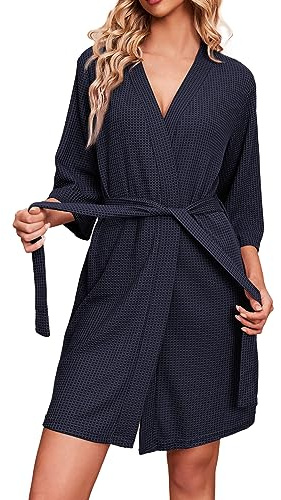 Ekouaer Bademantel Damen Waffelpique Morgenmantel 3/9-Ärmeln Leicht Marineblau L