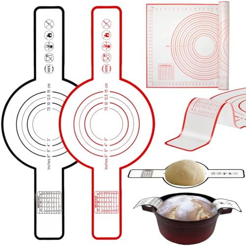 3 x Silikon-Brotschlinge, Dutch Oven Backmatte mit langen Riemen, 2 x 21,6 cm runde Sauerteigbrot-Silikon-Backmatte, 1 x 40,1 x 30 cm Silikon-Gebäckmatte, antihaftbeschichtet und leicht zu reinigen,