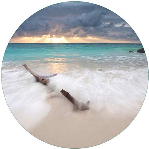 Wallario Glasbild rund Wellen am Strand bei Sonnenuntergang - Rund, 50 cm Durchmesser Wandbild Glas in Premium-Qualität: Brillante Farben, freischwebende Optik