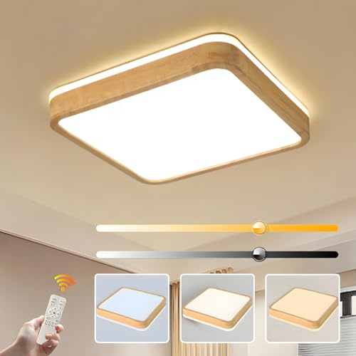 WayLuoung Lámpara De Techo LED De Madera | Ø40cm 3000-6000K 30W | Lámpara De Madera Natural Con Brillo 360° Parte Superior Cuadrada Dormitorio Sala De Estar Habitación (Regulable Con Control Remoto)