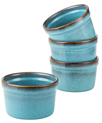 HENXFEN LEAD Juego de 4 moldes para soufflé, 240 ml, color crema brulee, pequeñas cazuelas, mini cazuelas para deliciosas carnes picantes, ragout, pudín y crema brulee, azul reactivo