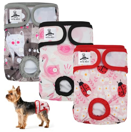 UFO PET Wiederverwendbare Hunde Windeln Weiblich, Läufigkeitshose für Hündinnen XS (3 Stück), Hochsaugfähige Hundewindeln für Hündinnen mit Starkem und Flexiblem Verschluss - Rosa Blume