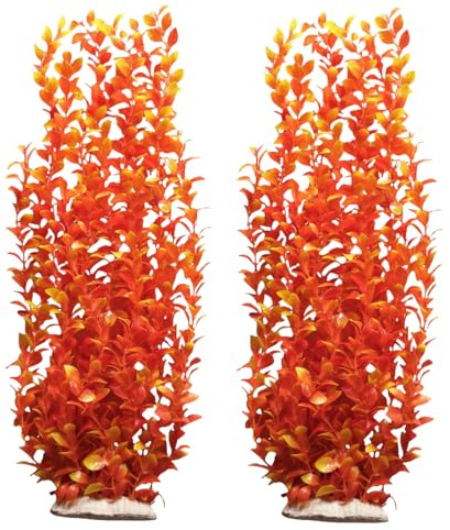 unootel Pack of 2 Tall Plastic Aquarium Plants Large Fake Fish Tank Plants Artificial Pond Plants Large Aquarium Decor (Orange Round Leaves 6516)